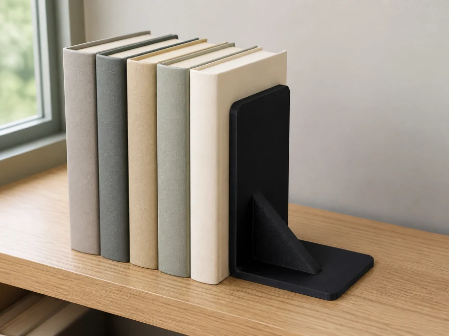 A matte-black 3D-printed bookend supporting hardcover books on a wood shelf