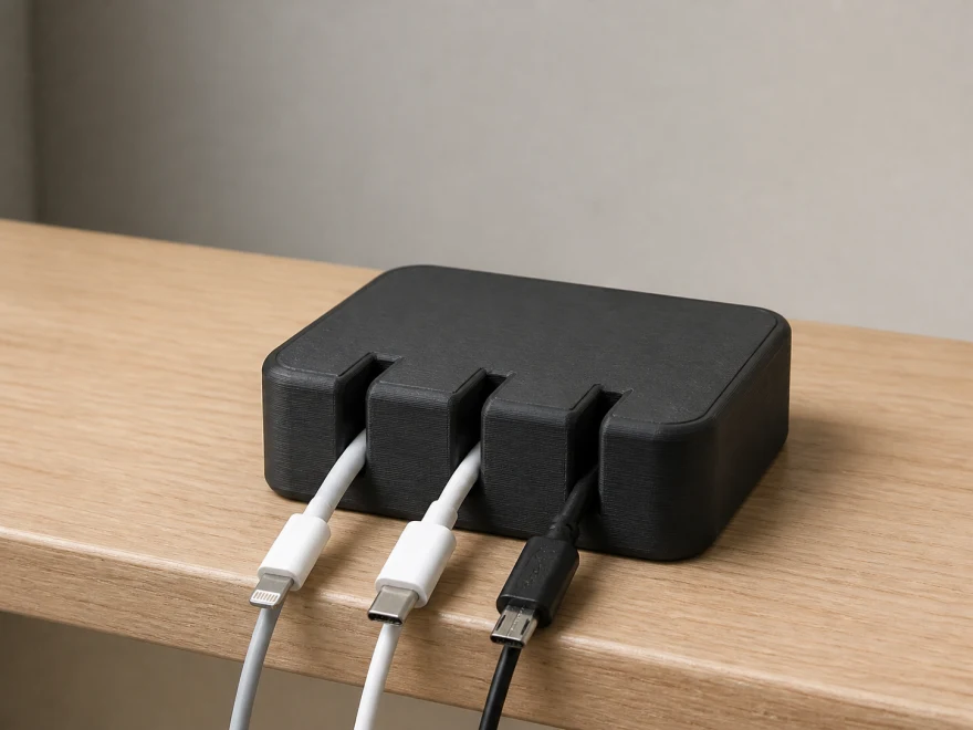 A matte-black 3D-printed cable dock holding three charging cables on a wood desk