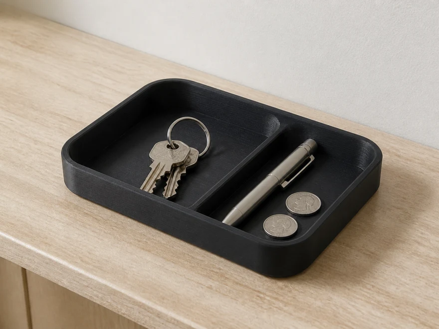 A matte-black 3D-printed catchall tray holding keys, a pen and two coins
