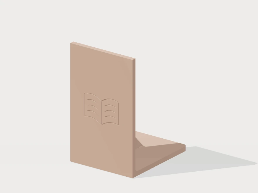 3D model preview of a braced bookend with an engraved open book and curved page lines on its outer face