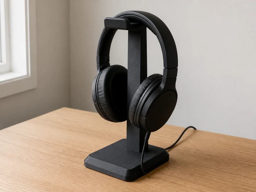 A matte-black 3D-printed desktop stand holding over-ear headphones
