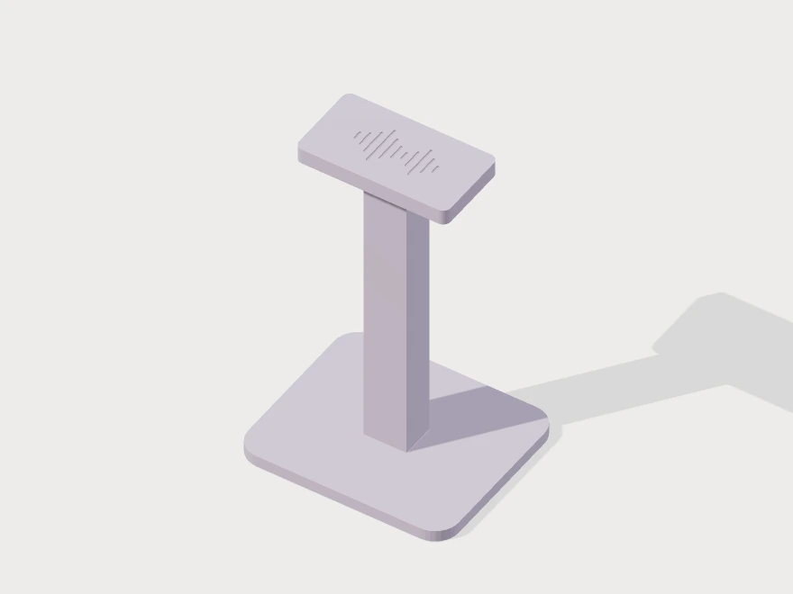 3D model preview of a headphone stand with a wide rounded base and a sound-wave drawing engraved into the top rest